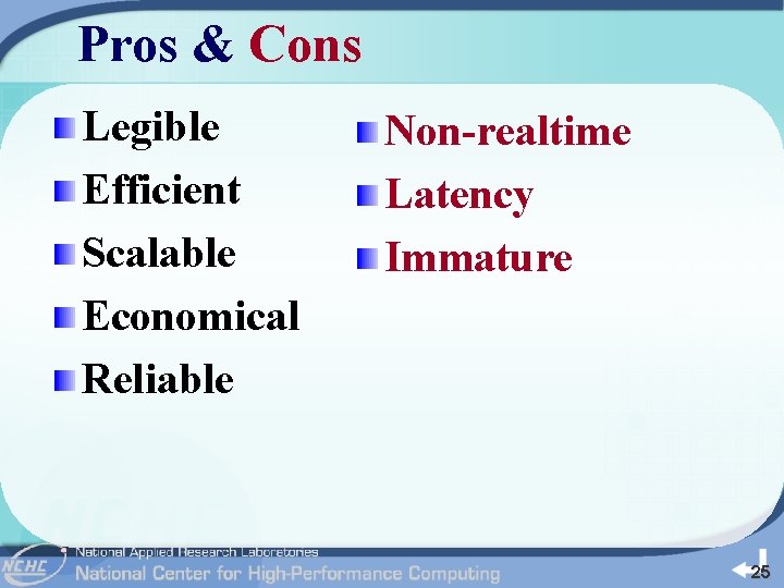 Pros & Cons Legible Efficient Scalable Economical Reliable Non-realtime Latency Immature 25 