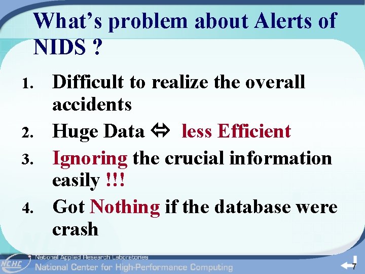 What’s problem about Alerts of NIDS ? Difficult to realize the overall accidents 2.