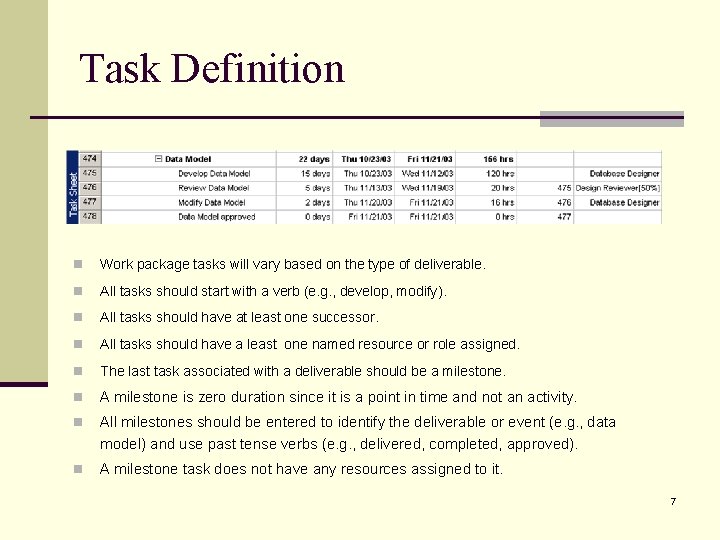 Task Definition n Work package tasks will vary based on the type of deliverable.