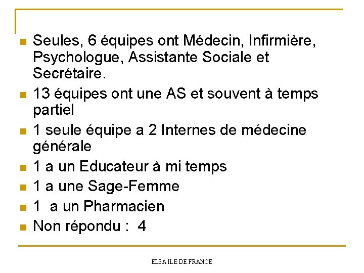 n n n n Seules, 6 équipes ont Médecin, Infirmière, Psychologue, Assistante Sociale et