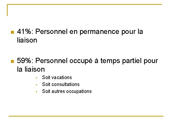 n 41%: Personnel en permanence pour la liaison n 59%: Personnel occupé à temps