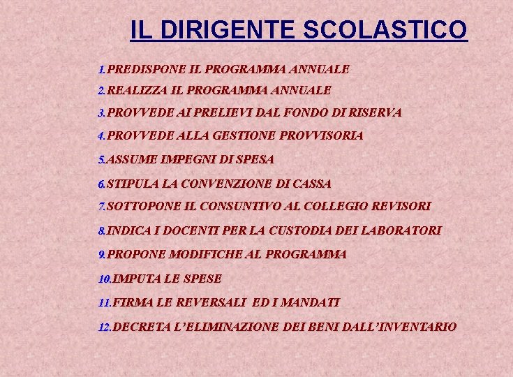 IL DIRIGENTE SCOLASTICO 1. PREDISPONE IL PROGRAMMA ANNUALE 2. REALIZZA IL PROGRAMMA ANNUALE 3.