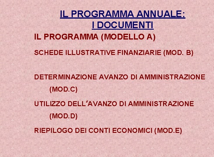 IL PROGRAMMA ANNUALE: I DOCUMENTI IL PROGRAMMA (MODELLO A) SCHEDE ILLUSTRATIVE FINANZIARIE (MOD. B)