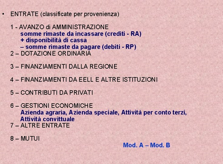  • ENTRATE (classificate per provenienza) 1 - AVANZO di AMMINISTRAZIONE somme rimaste da