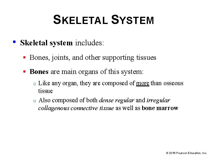 SKELETAL SYSTEM • Skeletal system includes: § Bones, joints, and other supporting tissues §
