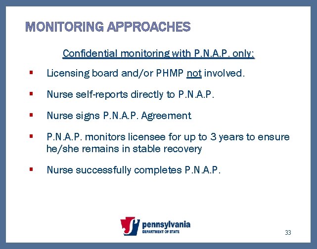 MONITORING APPROACHES Confidential monitoring with P. N. A. P. only: § Licensing board and/or