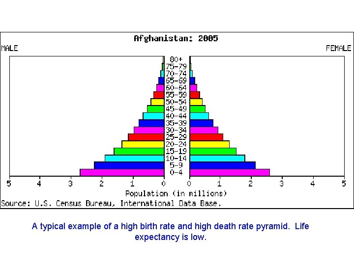 A typical example of a high birth rate and high death rate pyramid. Life