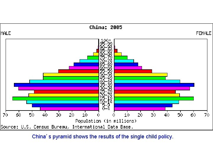 China’s pyramid shows the results of the single child policy. 