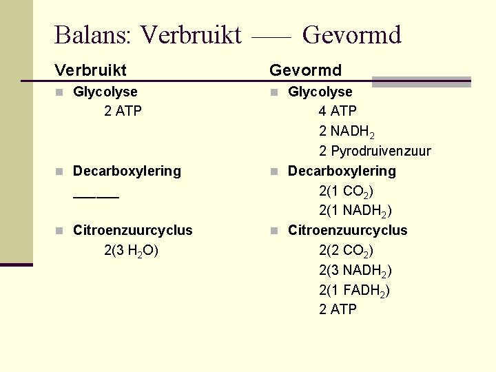 Balans: Verbruikt Gevormd n Glycolyse 2 ATP n Decarboxylering ______ n Citroenzuurcyclus 2(3 H