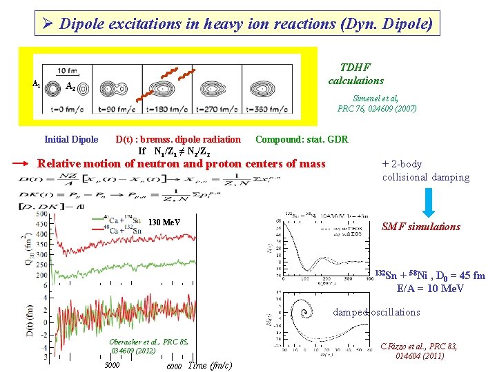 Ø Dipole excitations in heavy ion reactions (Dyn. Dipole) A 1 TDHF calculations A