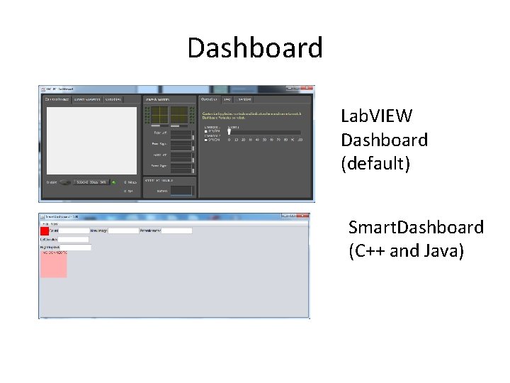 Dashboard Lab. VIEW Dashboard (default) Smart. Dashboard (C++ and Java) 