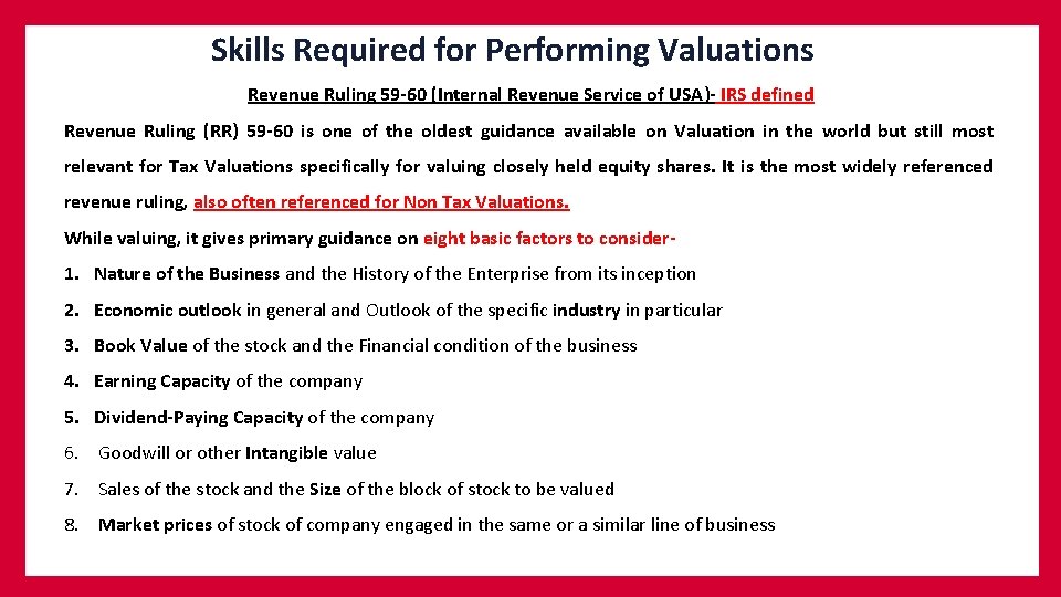 Skills Required for Performing Valuations Revenue Ruling 59 -60 (Internal Revenue Service of USA)-