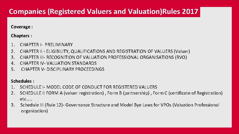 Companies (Registered Valuers and Valuation)Rules 2017 Coverage : Chapters : 1. 2. 3. 4.