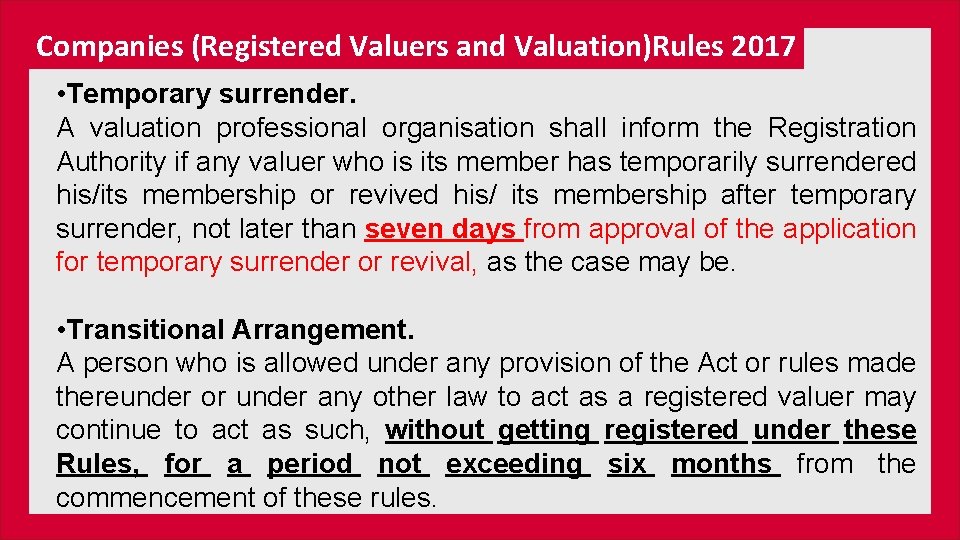 Companies (Registered Valuers and Valuation)Rules 2017 • Temporary surrender. A valuation professional organisation shall