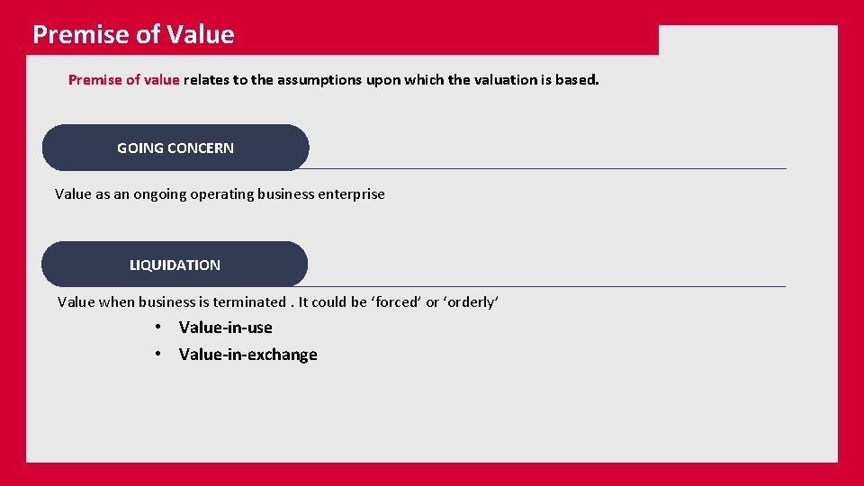 Premise of Value Premise of value relates to the assumptions upon which the valuation