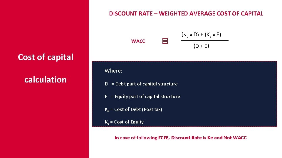 DISCOUNT RATE – WEIGHTED AVERAGE COST OF CAPITAL WACC (Kd x D) + (Ke