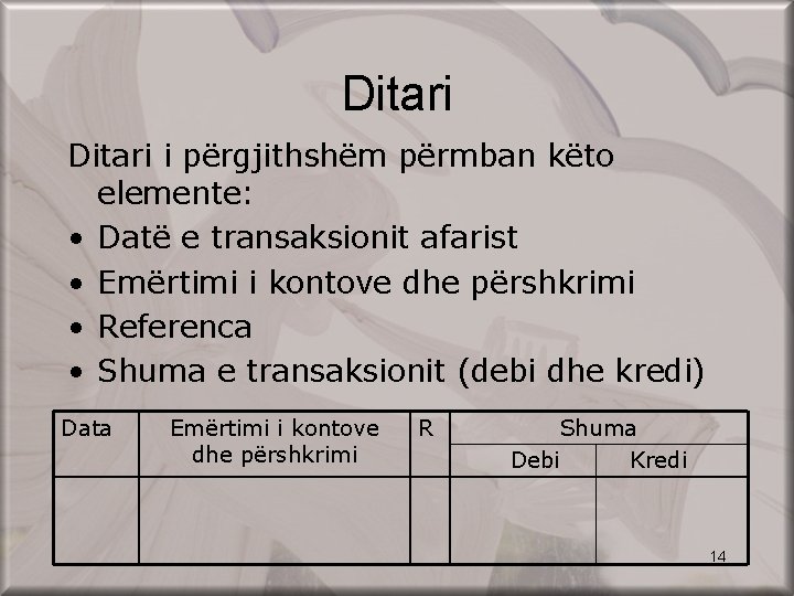 Ditari i përgjithshëm përmban këto elemente: • Datë e transaksionit afarist • Emërtimi i