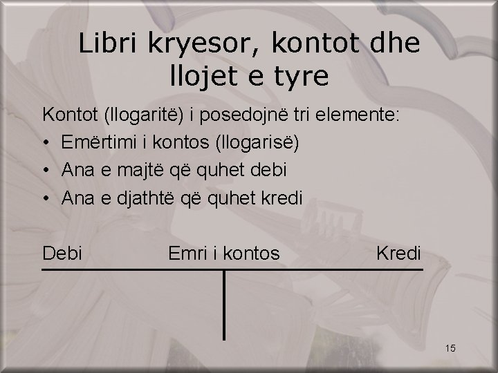 Libri kryesor, kontot dhe llojet e tyre Kontot (llogaritë) i posedojnë tri elemente: •