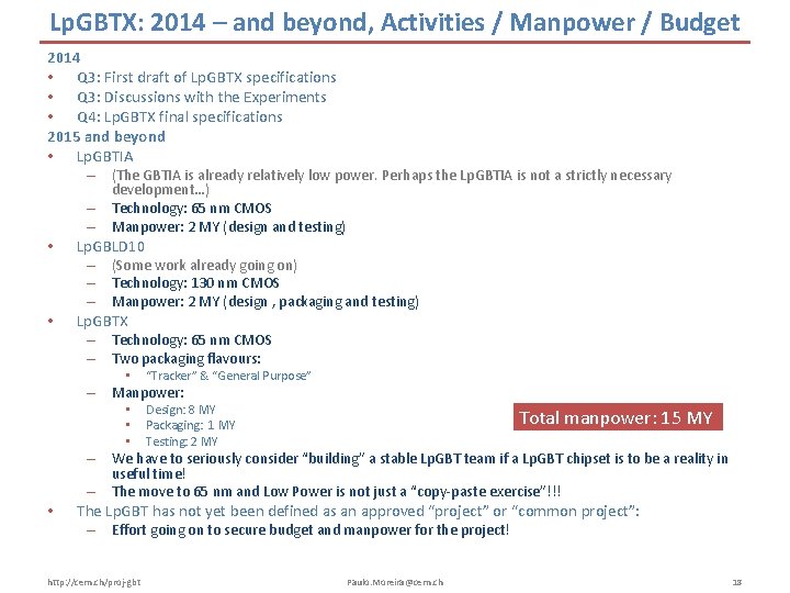 Lp. GBTX: 2014 – and beyond, Activities / Manpower / Budget 2014 • Q