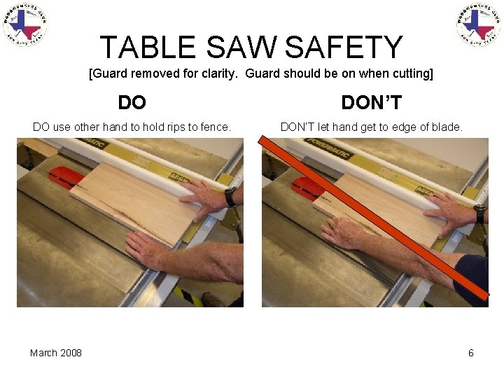 TABLE SAW SAFETY [Guard removed for clarity. Guard should be on when cutting] DO