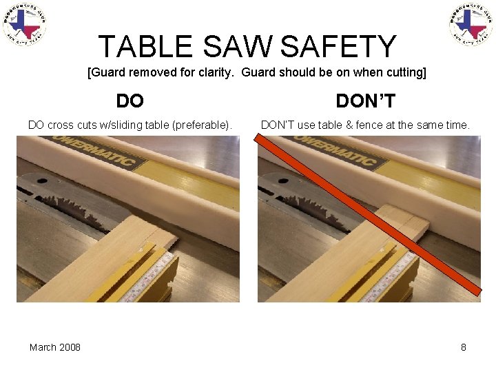 TABLE SAW SAFETY [Guard removed for clarity. Guard should be on when cutting] DO