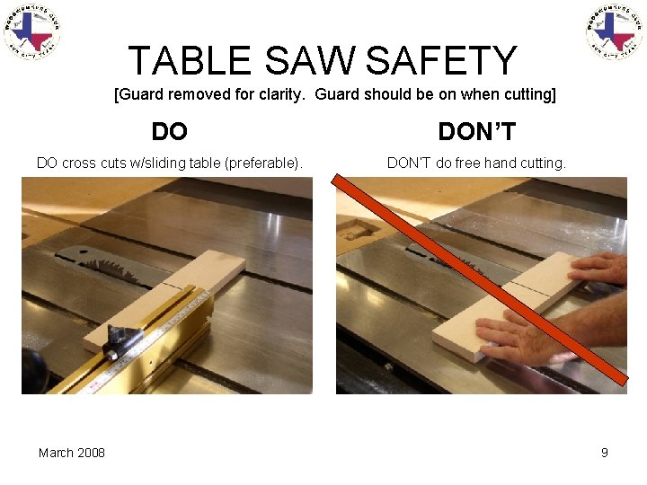 TABLE SAW SAFETY [Guard removed for clarity. Guard should be on when cutting] DO