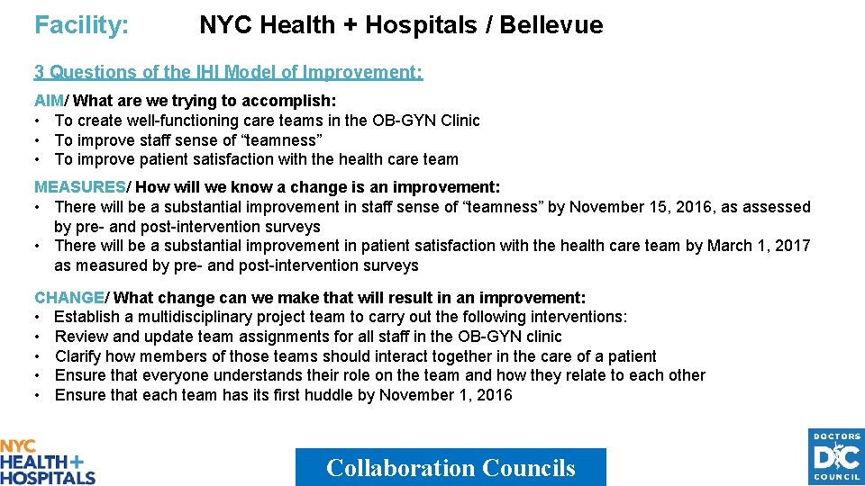 Facility: NYC Health + Hospitals / Bellevue 3 Questions of the IHI Model of