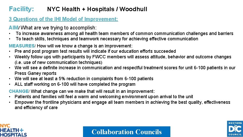 Facility: NYC Health + Hospitals / Woodhull 3 Questions of the IHI Model of