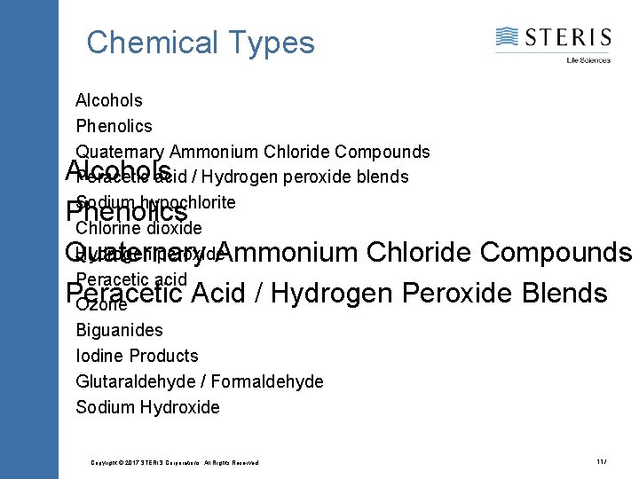 Chemical Types Alcohols Phenolics Quaternary Ammonium Chloride Compounds Peracetic acid / Hydrogen peroxide blends