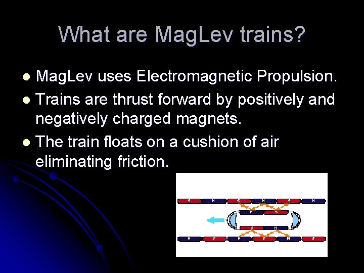 What are Mag. Lev trains? Mag. Lev uses Electromagnetic Propulsion. l Trains are thrust