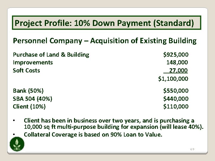 Project Profile: 10% Down Payment (Standard) Personnel Company – Acquisition of Existing Building Purchase