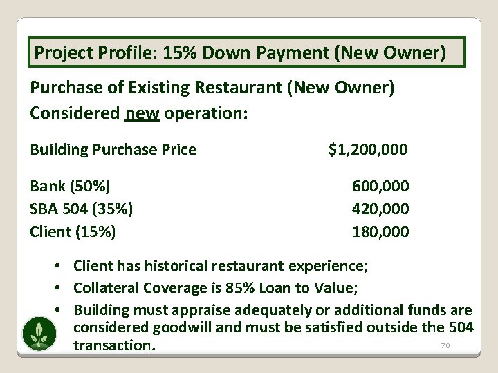 Project Profile: 15% Down Payment (New Owner) Purchase of Existing Restaurant (New Owner) Considered