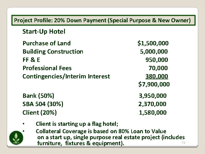 Project Profile: 20% Down Payment (Special Purpose & New Owner) Start-Up Hotel Purchase of