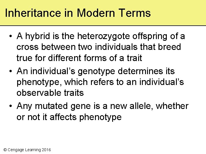 Inheritance in Modern Terms • A hybrid is the heterozygote offspring of a cross