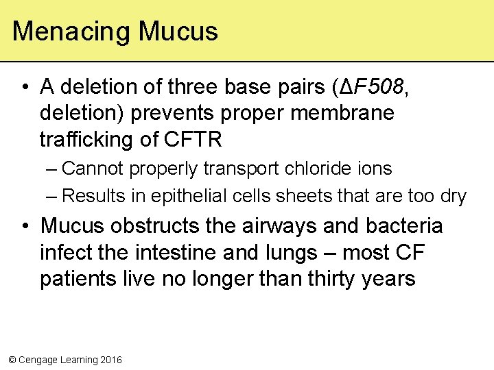 Menacing Mucus • A deletion of three base pairs (ΔF 508, deletion) prevents proper