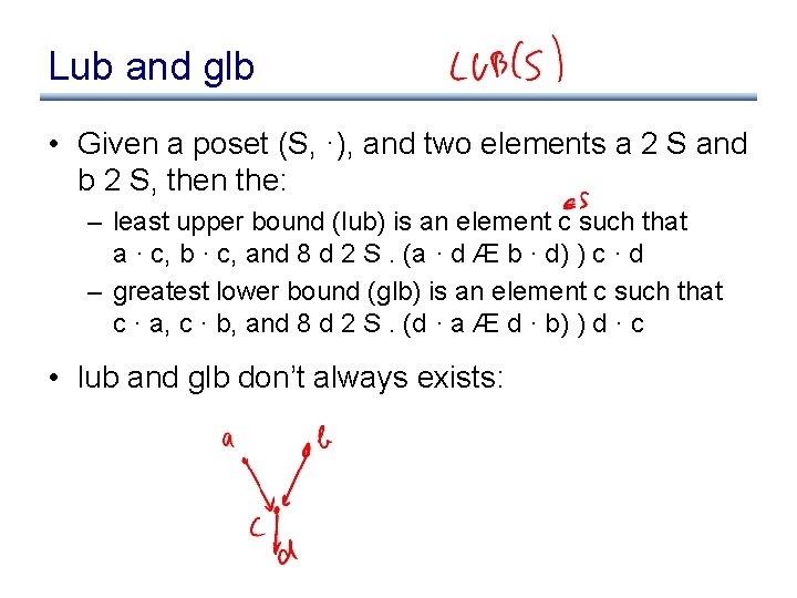 Lub and glb • Given a poset (S, ·), and two elements a 2
