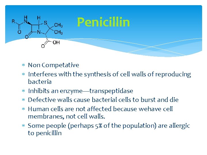 Penicillin Non Competative Interferes with the synthesis of cell walls of reproducing bacteria Inhibits