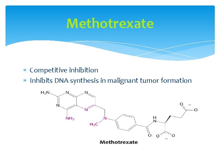 Methotrexate Competitive inhibition Inhibits DNA synthesis in malignant tumor formation 
