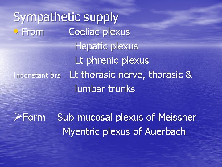 Sympathetic supply • From Coeliac plexus Inconstant brs Hepatic plexus Lt phrenic plexus Lt