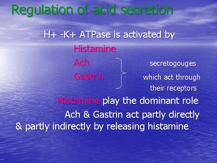 Regulation of acid secretion H+ -K+ ATPase is activated by Histamine Ach secretogouges Gastrin