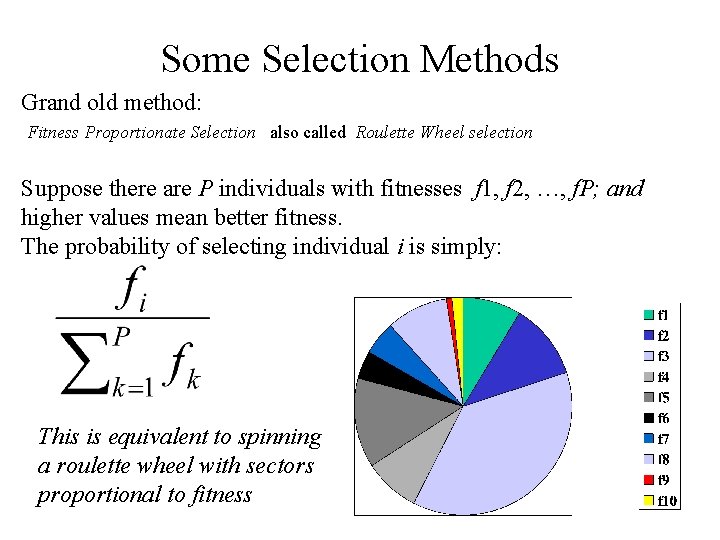 Some Selection Methods Grand old method: Fitness Proportionate Selection also called Roulette Wheel selection