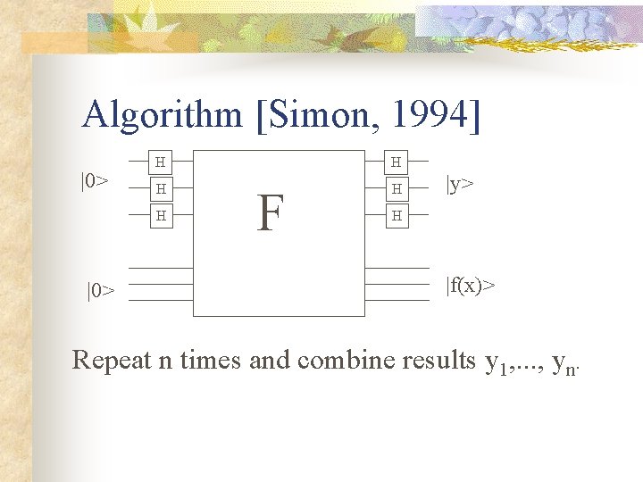 Algorithm [Simon, 1994] |0> H H H |0> F |y> H |f(x)> Repeat n