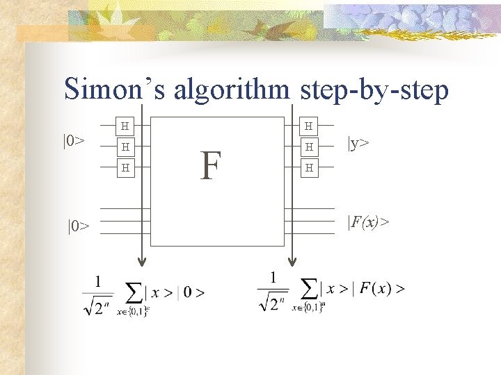 Simon’s algorithm step-by-step |0> H H H |0> F |y> H |F(x)> 