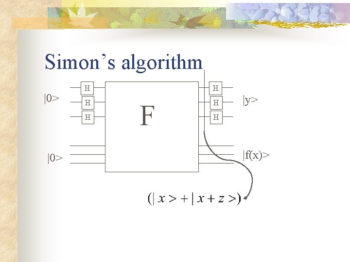 Simon’s algorithm |0> H H H |0> F |y> H |f(x)> 