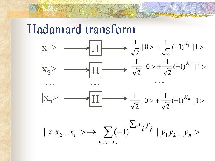 Hadamard transform |x 1> H |x 2> H . . . |xn> H .