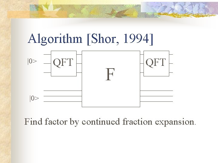 Algorithm [Shor, 1994] |0> QFT F QFT |0> Find factor by continued fraction expansion.