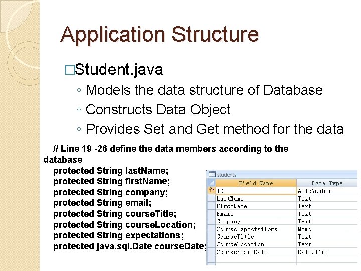Application Structure �Student. java ◦ Models the data structure of Database ◦ Constructs Data Application Structure �Student. java ◦ Models the data structure of Database ◦ Constructs Data