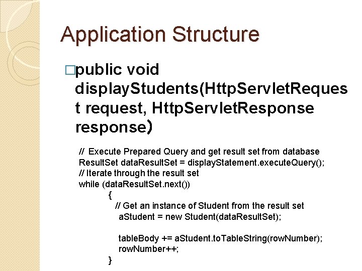 Application Structure �public void display. Students(Http. Servlet. Reques t request, Http. Servlet. Response response) Application Structure �public void display. Students(Http. Servlet. Reques t request, Http. Servlet. Response response)