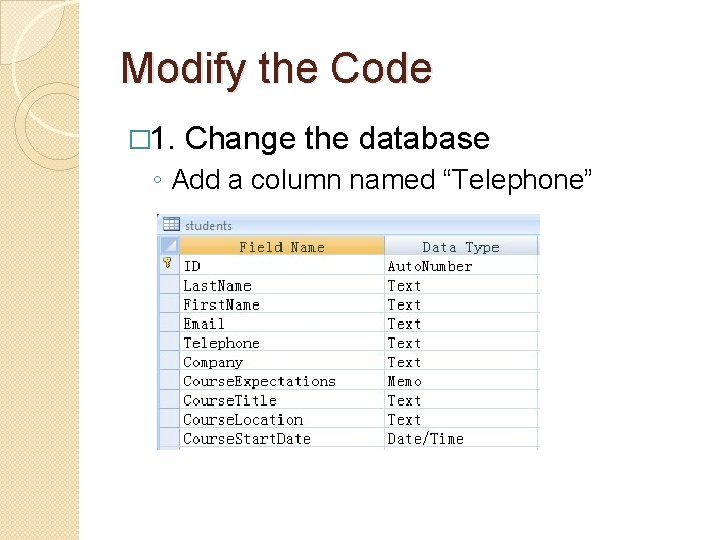 Modify the Code � 1. Change the database ◦ Add a column named “Telephone” Modify the Code � 1. Change the database ◦ Add a column named “Telephone”
