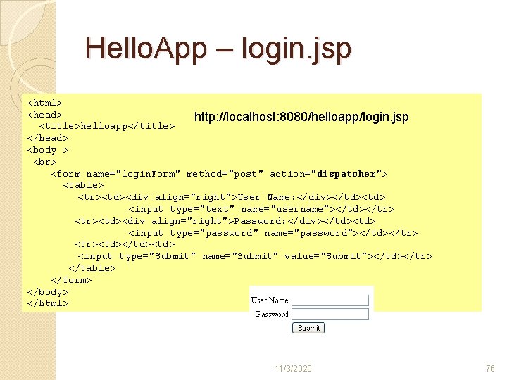 Hello. App – login. jsp <html> <head> http: //localhost: 8080/helloapp/login. jsp <title>helloapp</title> </head> <body Hello. App – login. jsp <html> <head> http: //localhost: 8080/helloapp/login. jsp <title>helloapp</title> </head> <body